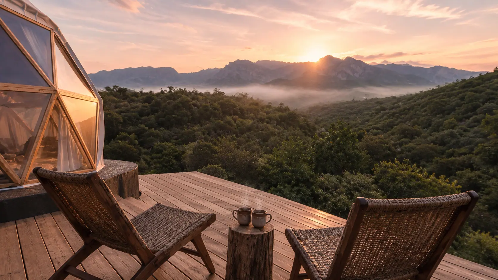 Deck de madera frente a un domo, con dos sillas mirando el amanecer sobre las sierras y la niebla en el valle
