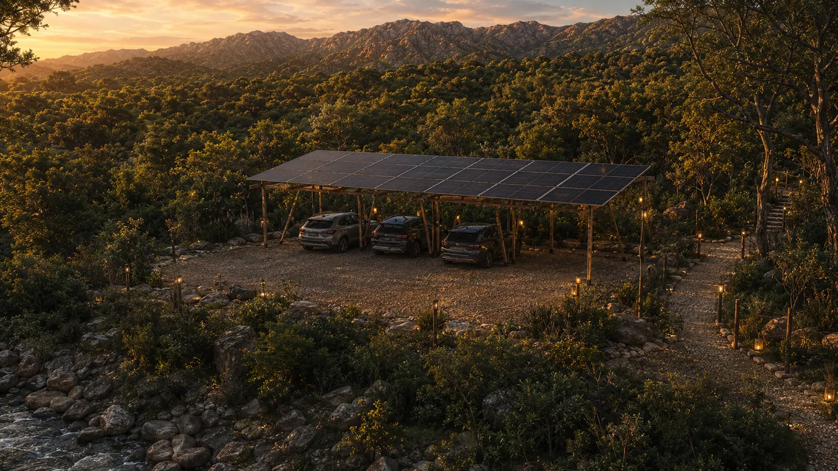 El estacionamiento techado del ingreso, integrado al monte