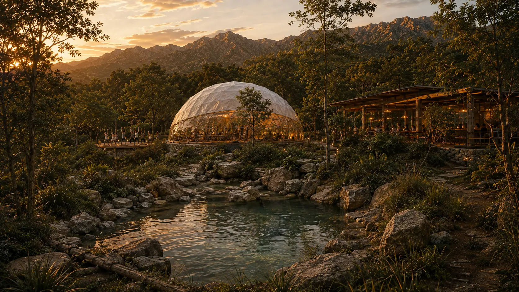 La poza de agua entre las piedras, con el monte alrededor