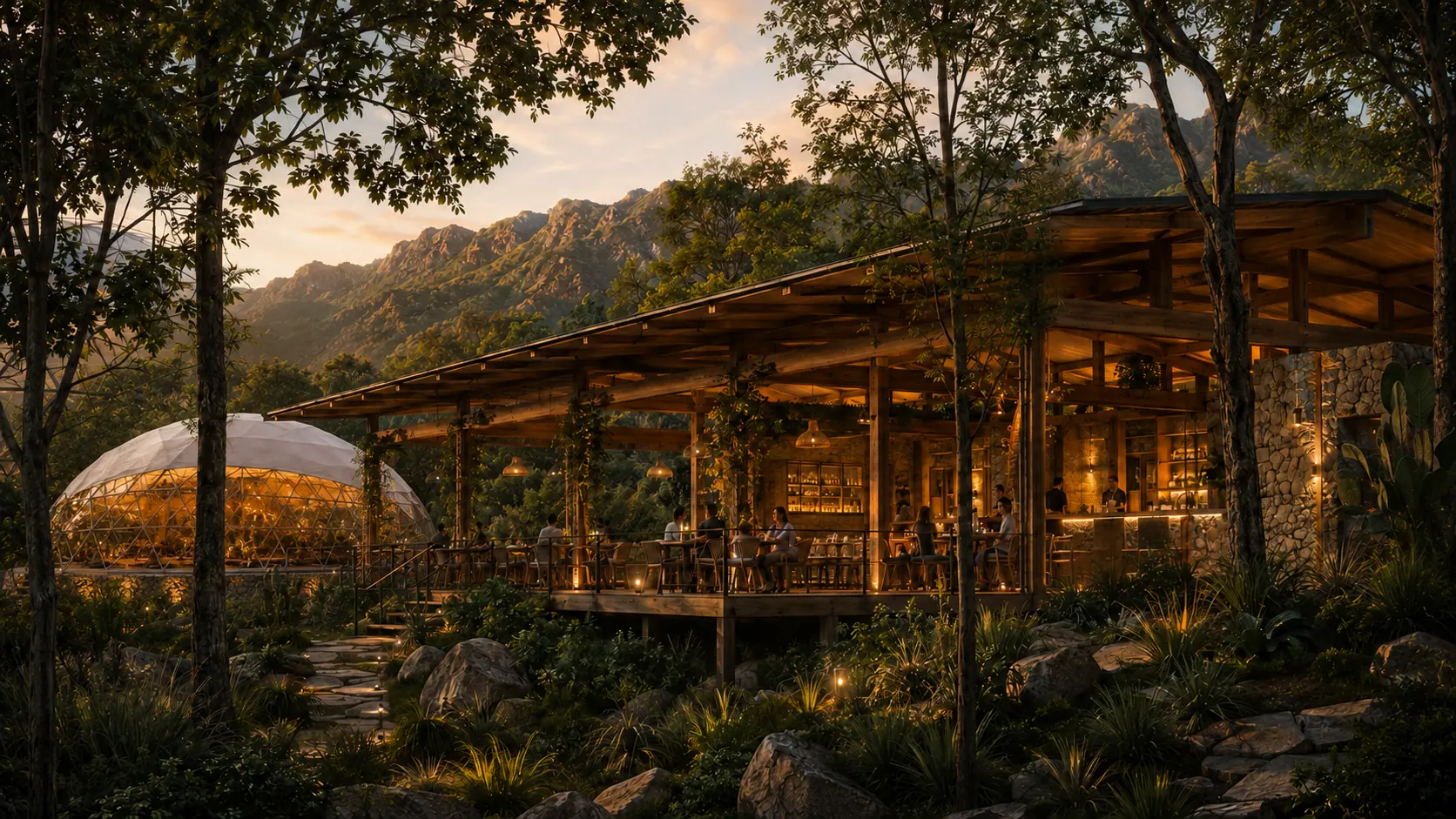 La galería abierta del restaurante, con las mesas largas iluminadas
