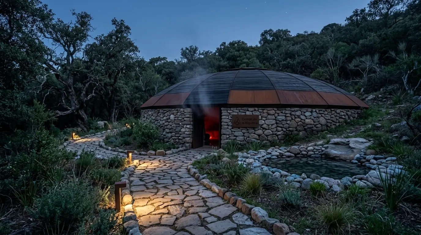 El temazcal entre las piedras, con el fuego encendido