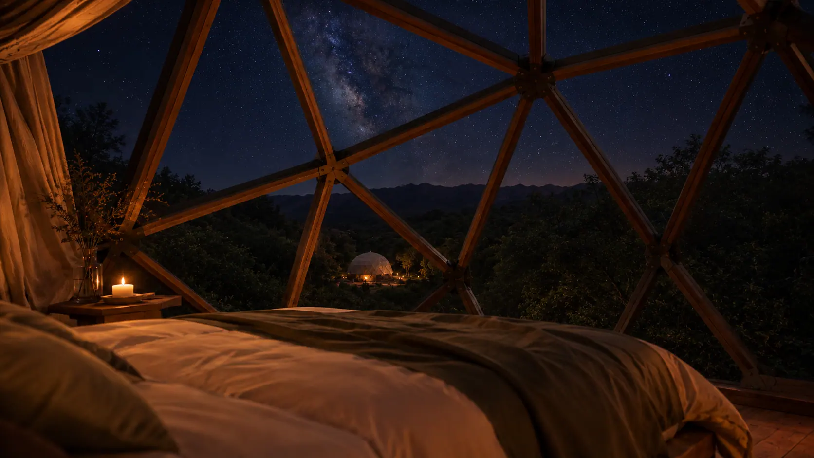 Vista desde la cama de un domo hacia el cielo nocturno, con la Vía Láctea visible a través del vidrio