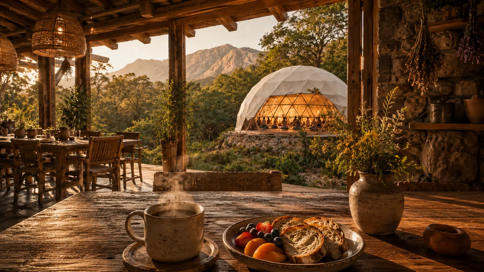 La galería del espacio gastronómico al atardecer, con el domo iluminado al fondo