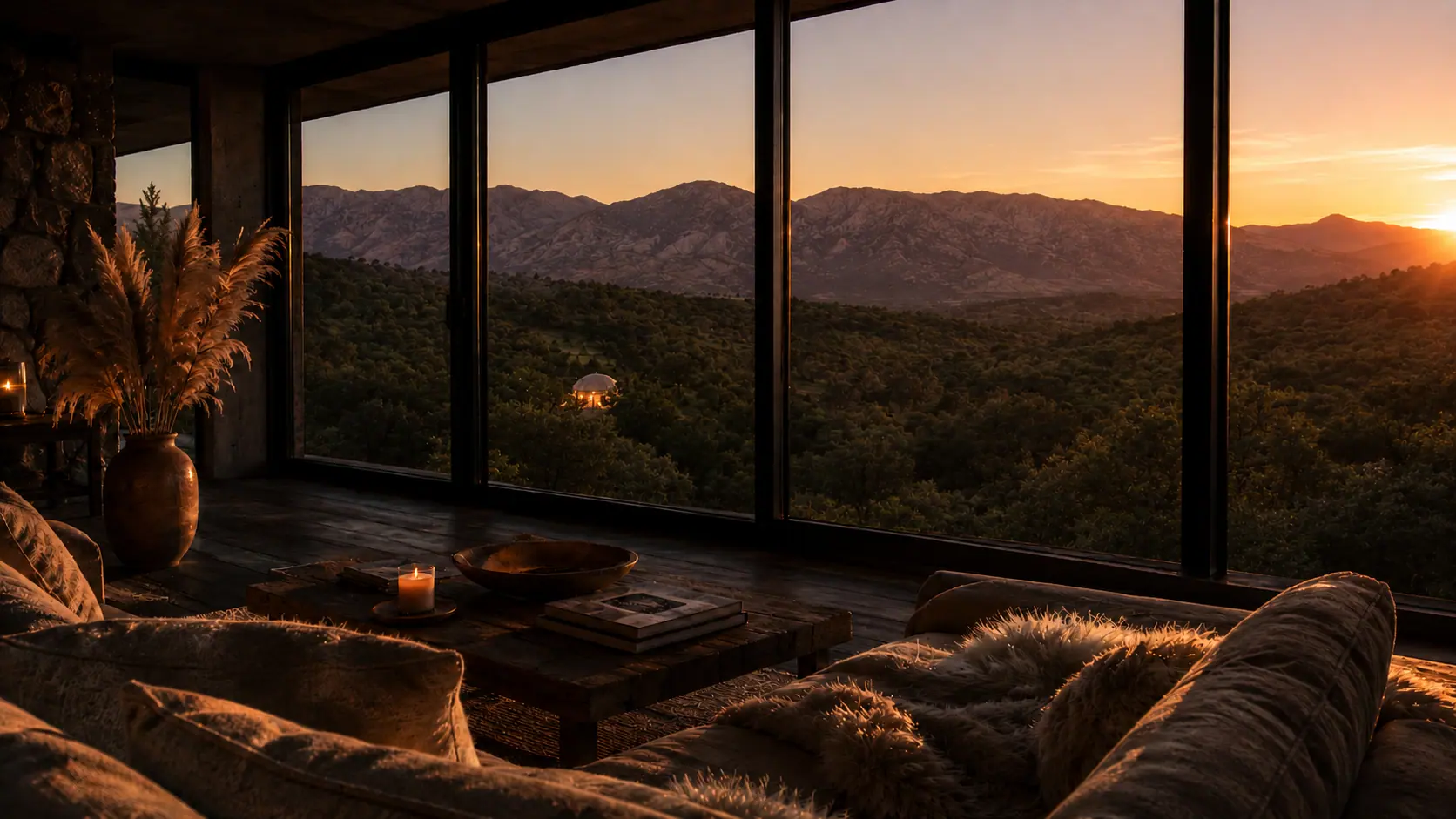 Interior contemporáneo de piedra, madera y vidrio, con vista abierta a la vegetación