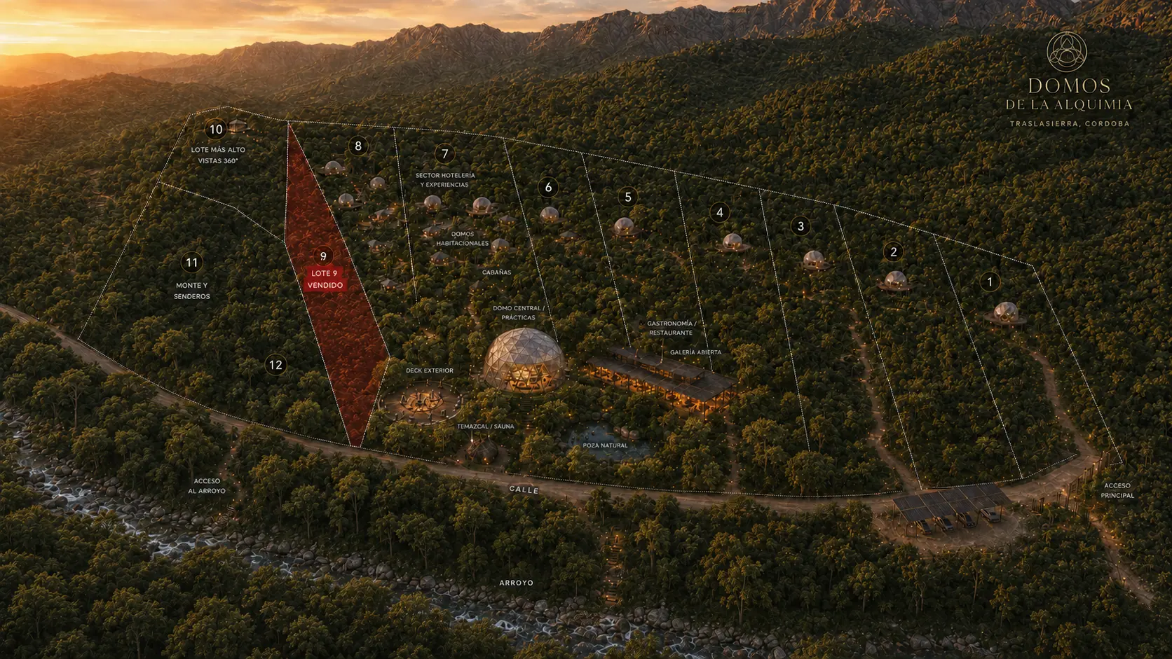 Plano general del proyecto con el domo central, el espacio gastronómico, los refugios, los senderos y el arroyo