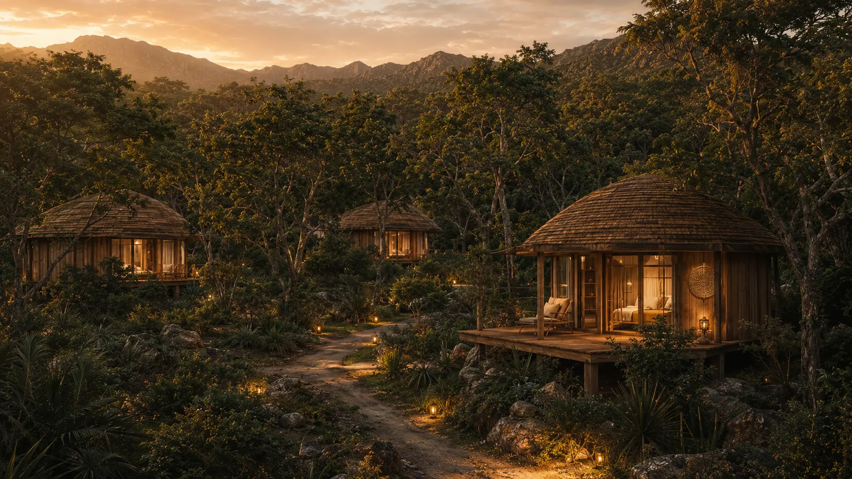Bioconstrucción en el terreno, al atardecer entre el monte