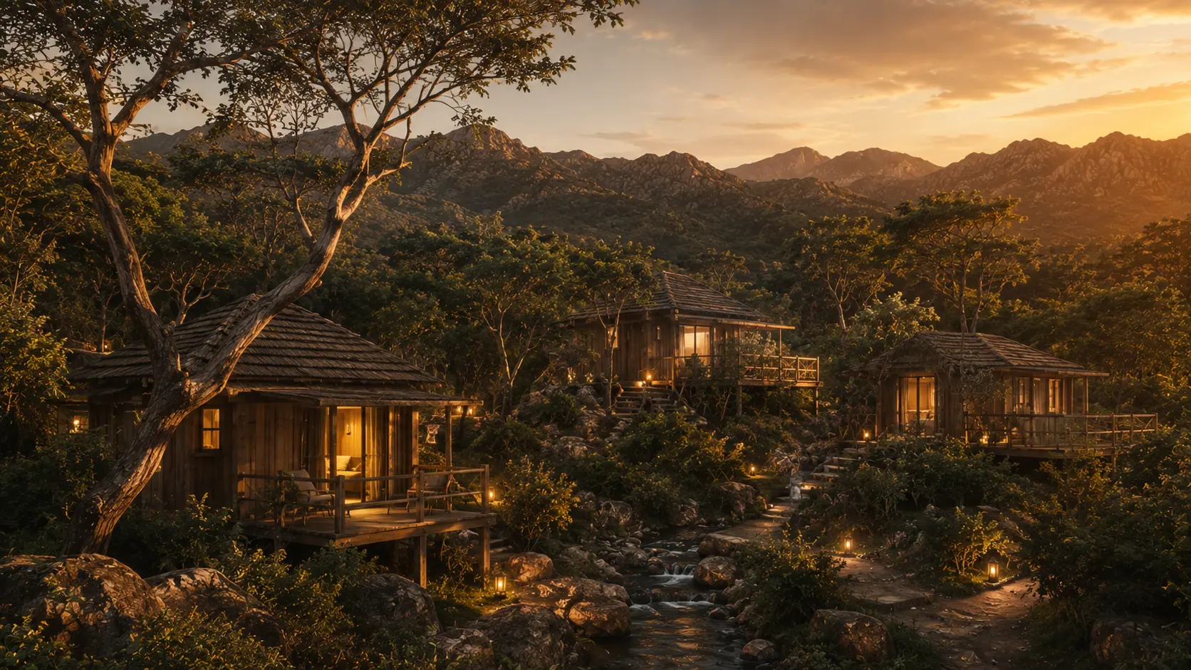 Cabaña en el terreno, al atardecer entre el monte