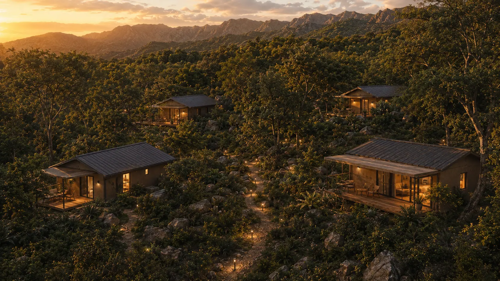 Casa en el terreno, al atardecer entre el monte