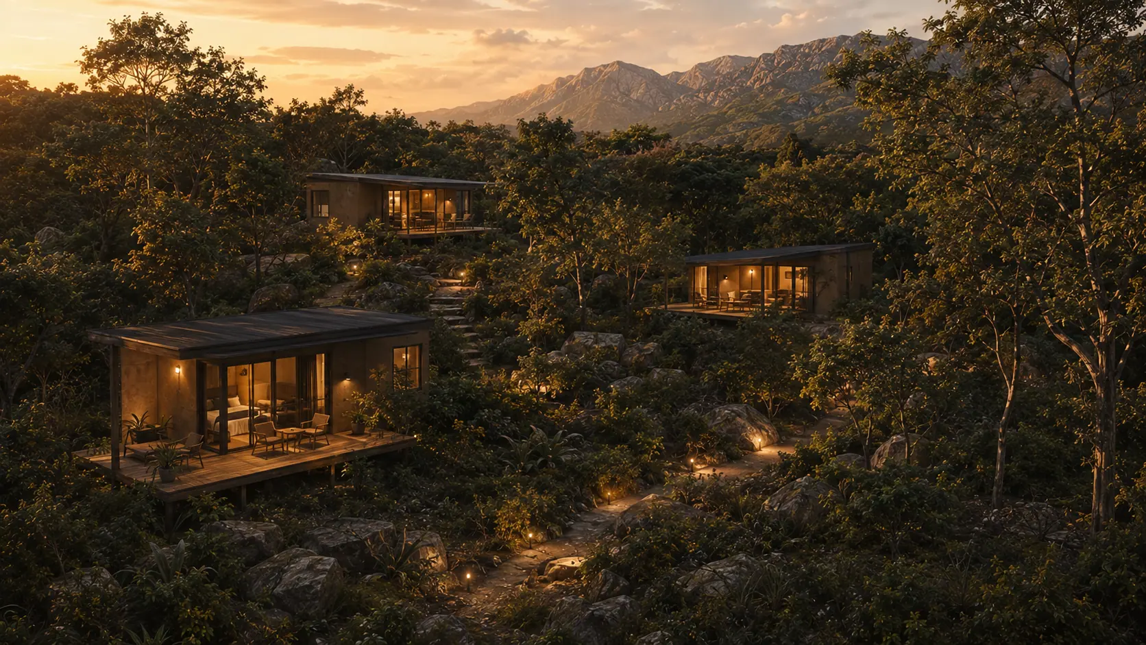 Contemporánea en el terreno, al atardecer entre el monte